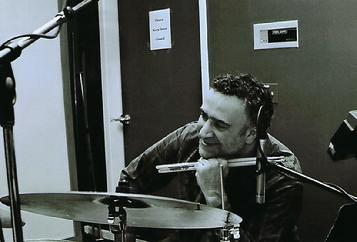 Drummer George Fludas at the "Watch Our Cubs Go All the Way" recording session June 2019