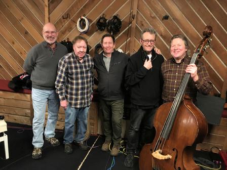 Frank Lamphere's "Now, THAT'S Amore" recording session Feb 09 2021 (L-R) Larry Harris, Dan McIntyre, Frank Lamphere, Phil Gratteau and Mark Sonksen 