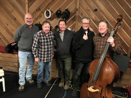 Frank Lamphere's Now That's Amore recording session Feb 09 2021 (L-R) Larry Harris, Dan McIntyre, Frank Lamphere, Phil Gratteau and Mark Sonksen 
