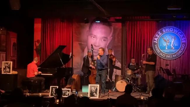 Frank Lamphere on stage at his friend Nick Schneider's memorial concert at the Jazz Showcase in Chicago